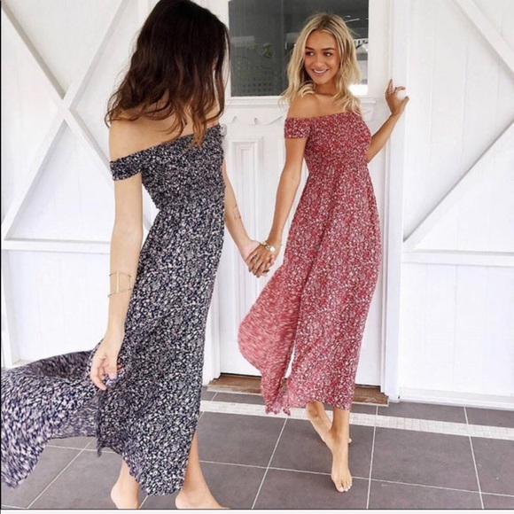 BurgundyRed Boho Off Shoulder Maxi Side Slit Dress - Picture 3 of 6